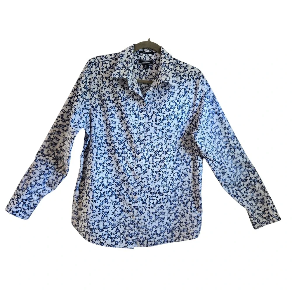 Lands End Womens 12 No Iron Supima Cotton Floral Button Down Shirt Blue White
